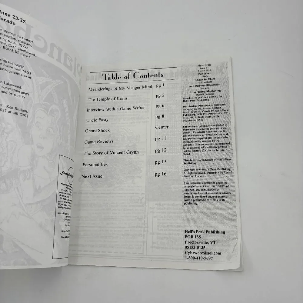 Planchette Number 1 March 1995 by Hell's Peak Publishing RARE‎ Piece of Gaming
